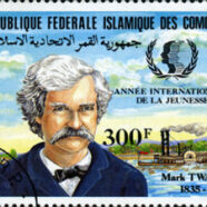 Mark Twain. 1835-1910. Timbre rep Comores.